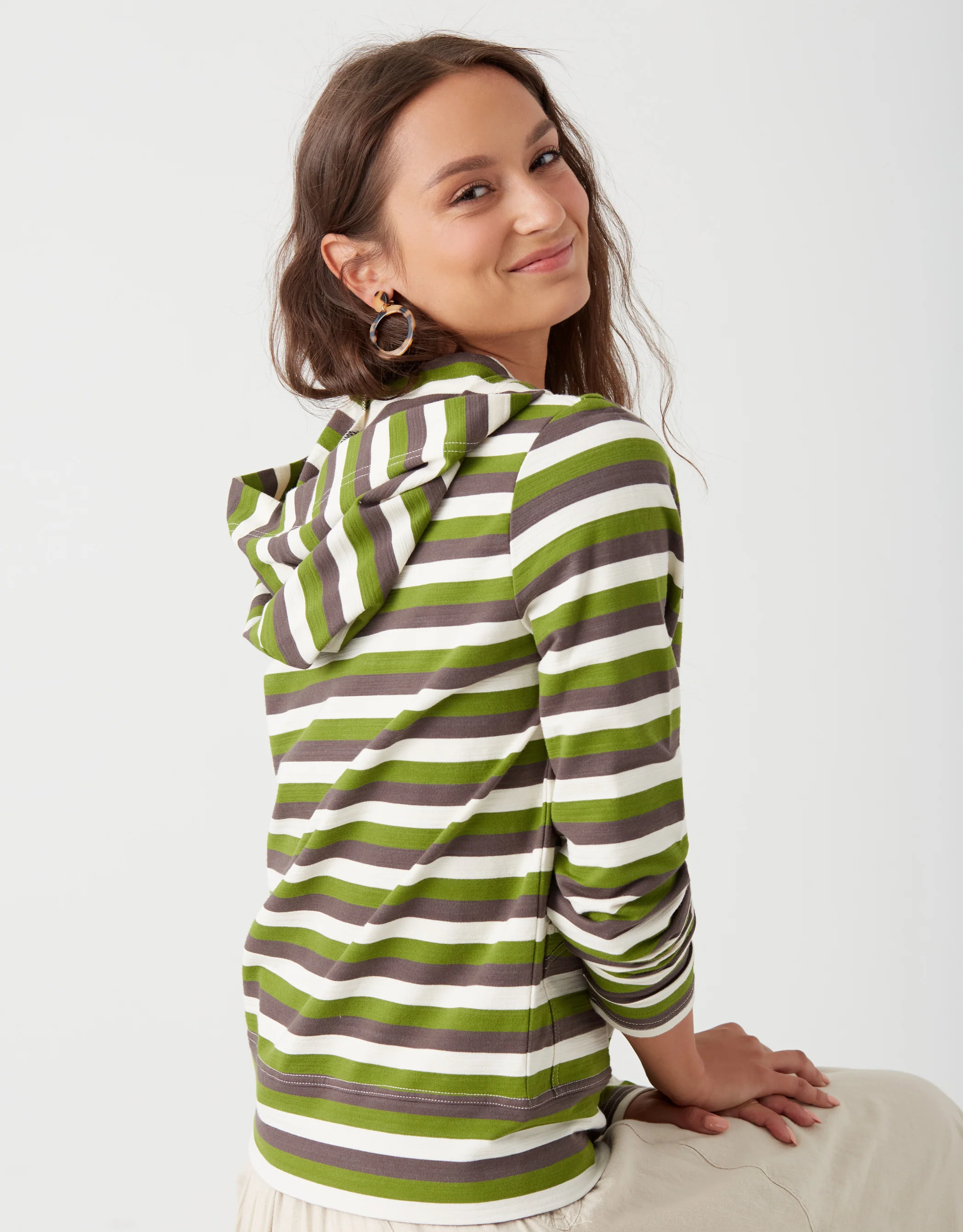 Light French Terry Striped Kanga Zip Hoodie Gray Green Multi - Image 3